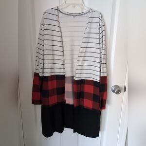 Women's Plaid Striped Patchwork Open Front Long Sleeve Cardigan Sz L